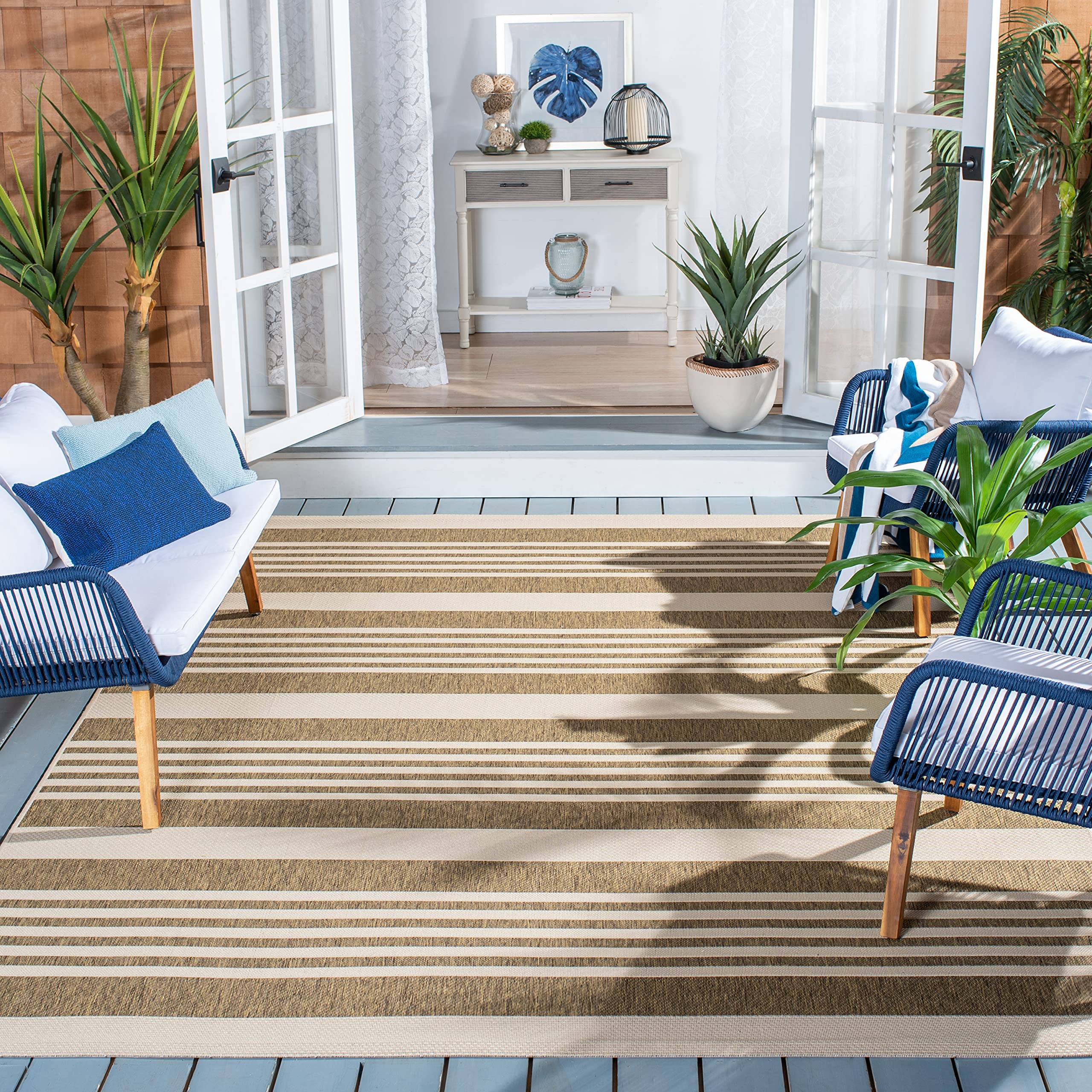 Safavieh Courtyard Collection Area Rug - 9' X 12', Brown & Bone, Stripe Design, Non-Shedding & Easy Care, Indoor/Outdoor & Washa