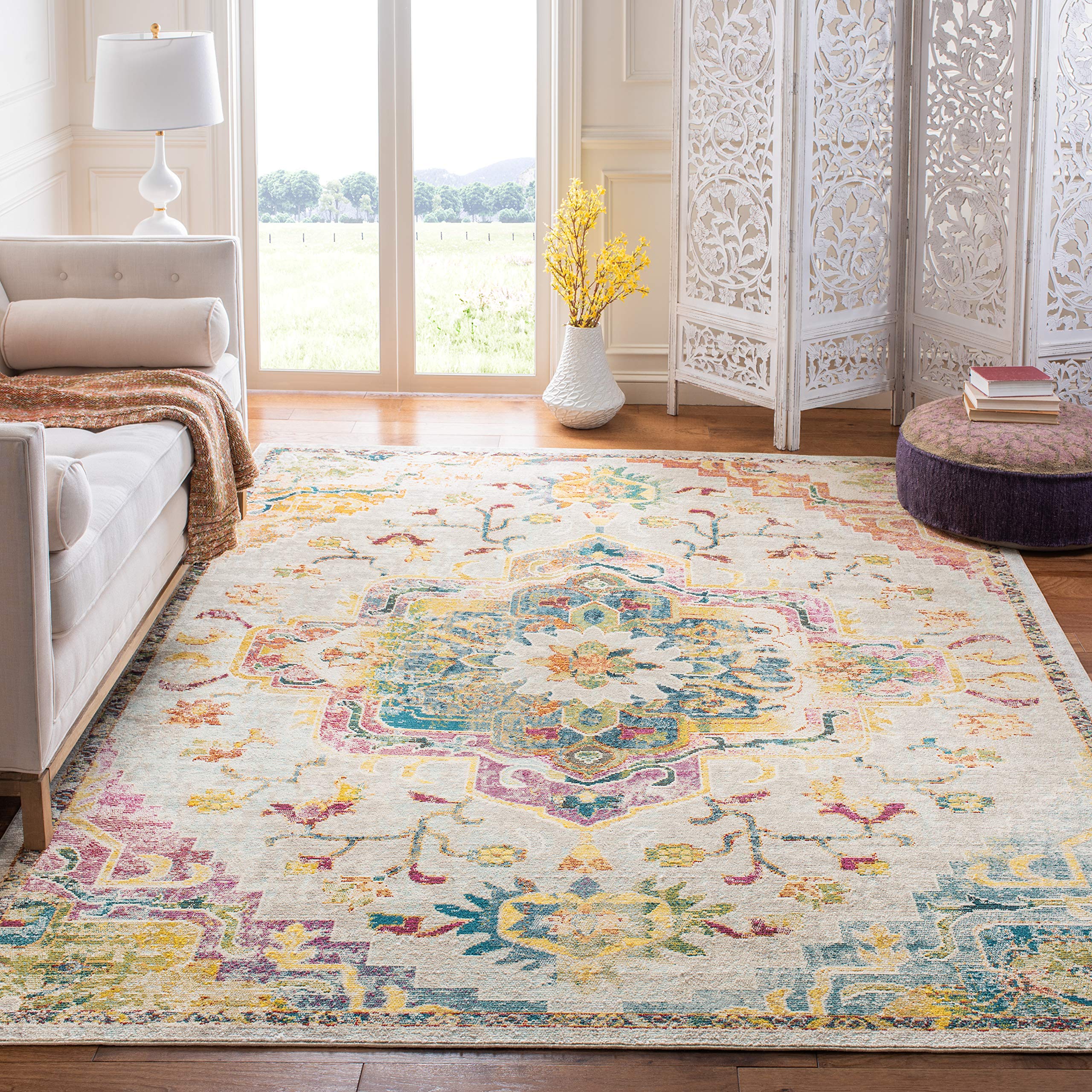 SAFAVIEH Crystal Collection Area Rug - 67 x 92, Light Blue & Grey, Medallion Distressed Design, Non-Shedding & Easy Care, Idea