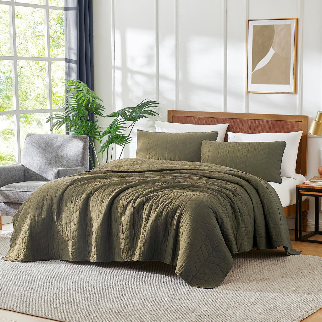 Palassio Green 100% Cotton Quilt Twin Size Bedding Sets With Pillow Shams, Olive Lightweight Soft Bedspread Coverlet, Sage Quilt