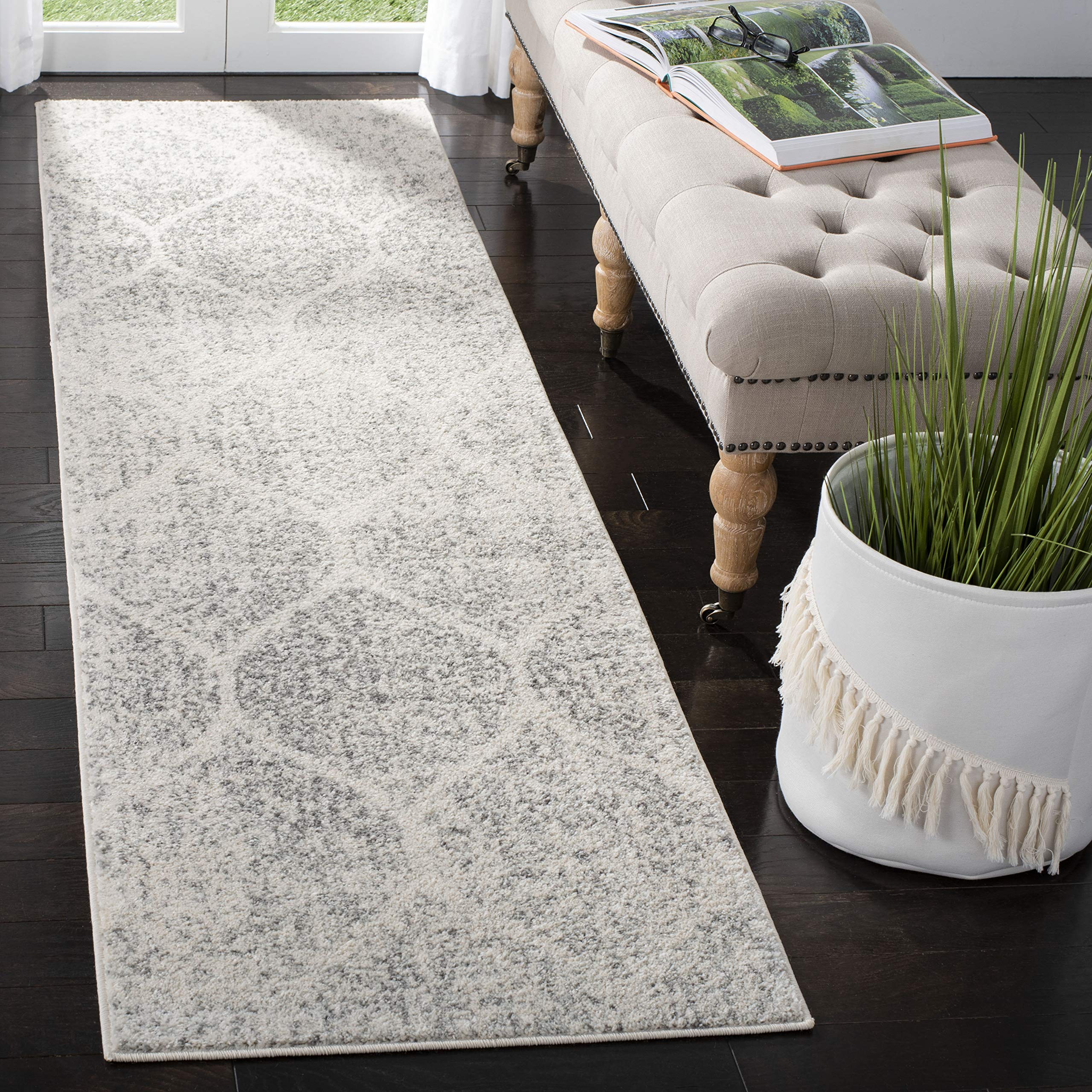SAFAVIEH Madison Collection Runner Rug - 23 x 14, Ivory & Silver, Glam Ogee Trellis Distressed Design, Non-Shedding & Easy Car