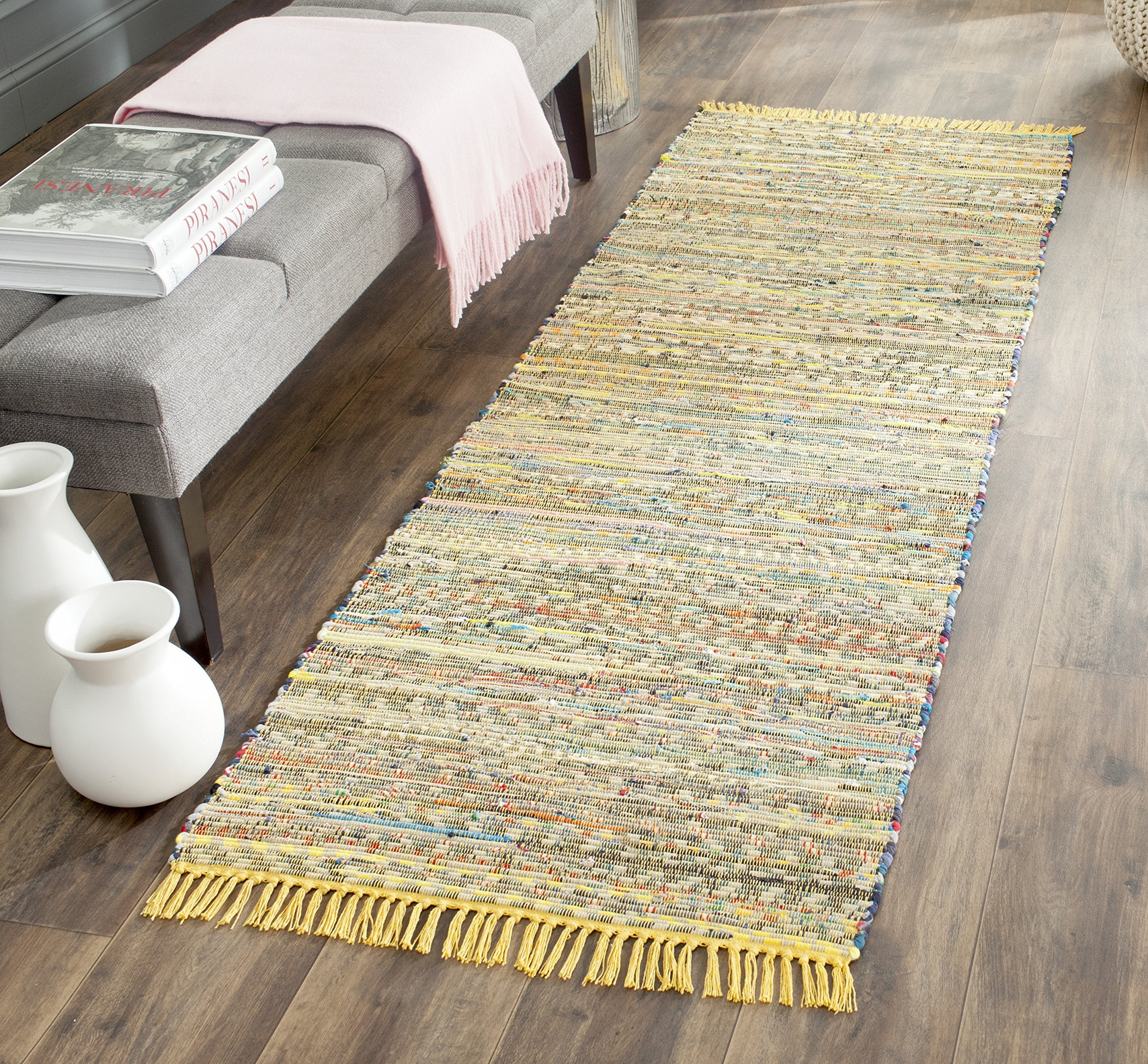 SAFAVIEH Rag Rug Collection Runner Rug - 23 x 7, Yellow & Multi, Handmade Boho Stripe Cotton, Ideal for High Traffic Areas in 