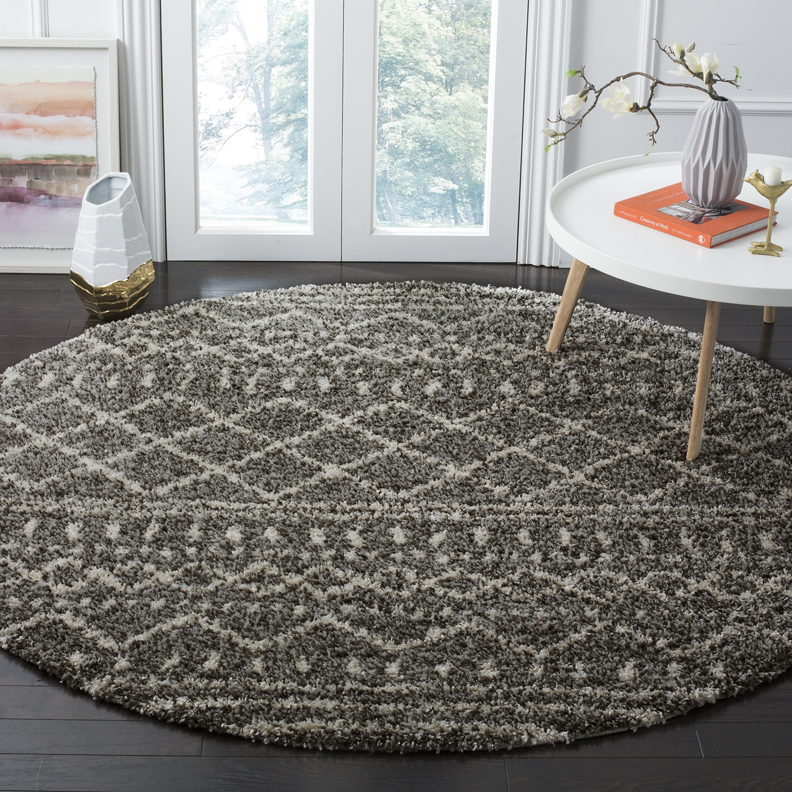 SAFAVIEH Arizona Shag Collection Area Rug - 10 Round, Charcoal/Beige, Geometric Design, Plush 1.6 Inch Thick Ideal for High Tra