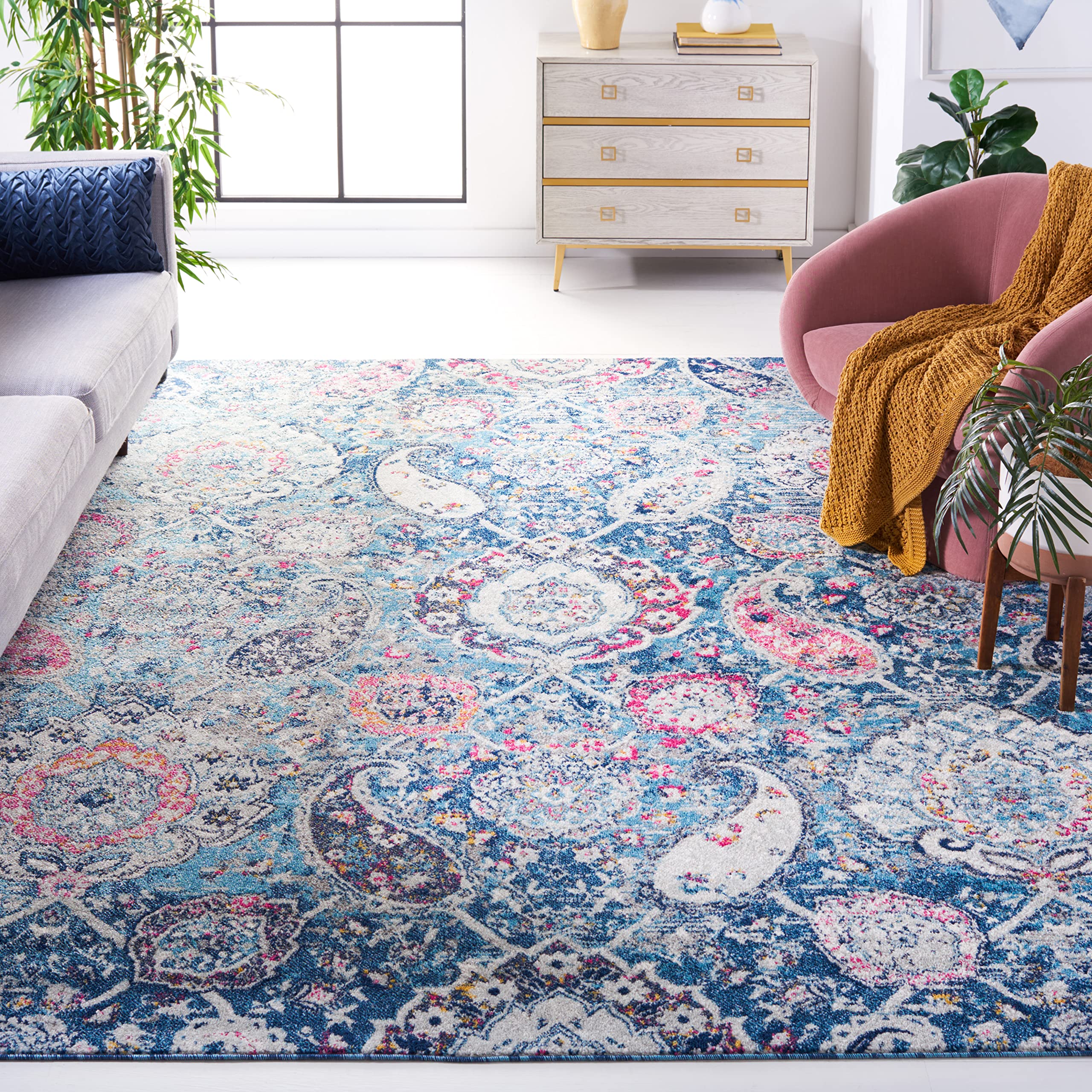 SAFAVIEH Madison Collection Area Rug - 9 x 12, Blue & Grey, Boho Chic Glam Paisley Design, Non-Shedding & Easy Care, Ideal for