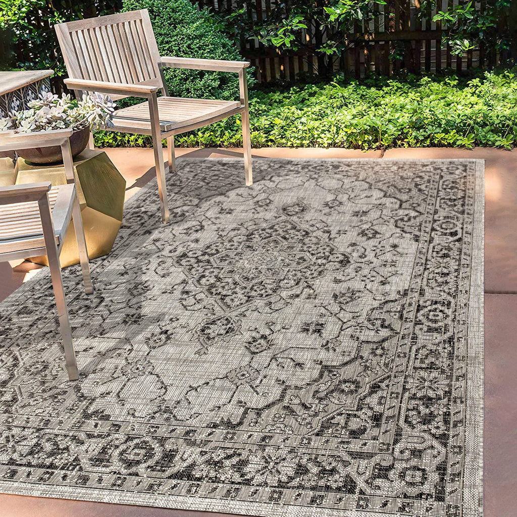 Jonathan Y Smb102D-5 Rozetta Boho Medallion Textured Weave Indoor Outdoor Area -Rug Coastal Bohemian Rustic Glam Easy -Cleaning Bedroom Kitchen Backyard Patio Non Shedding, 5 X 8, Gray/Black