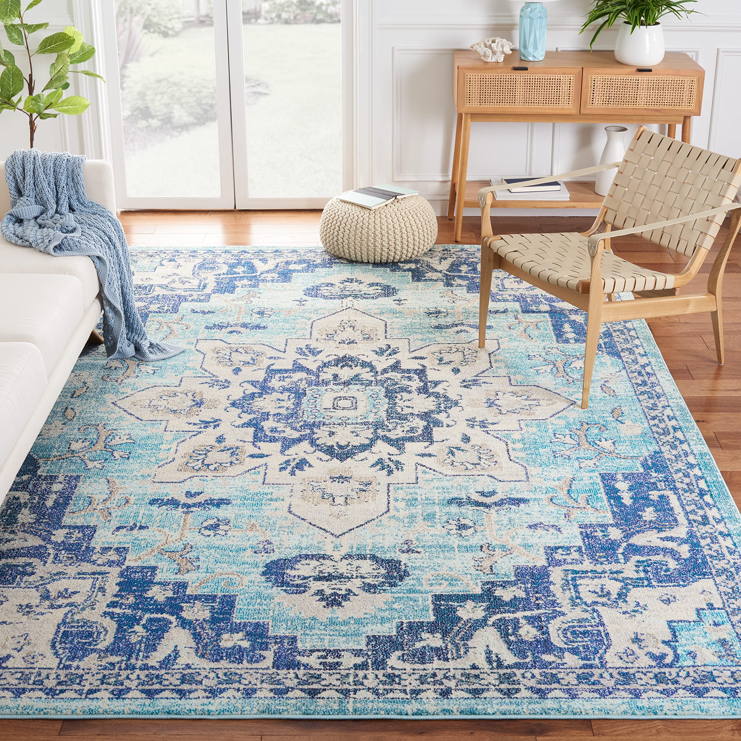 SAFAVIEH Madison Collection Area Rug - 53 x 76, Teal & Navy, Boho Chic Medallion Distressed Design, Non-Shedding & Easy Care, 