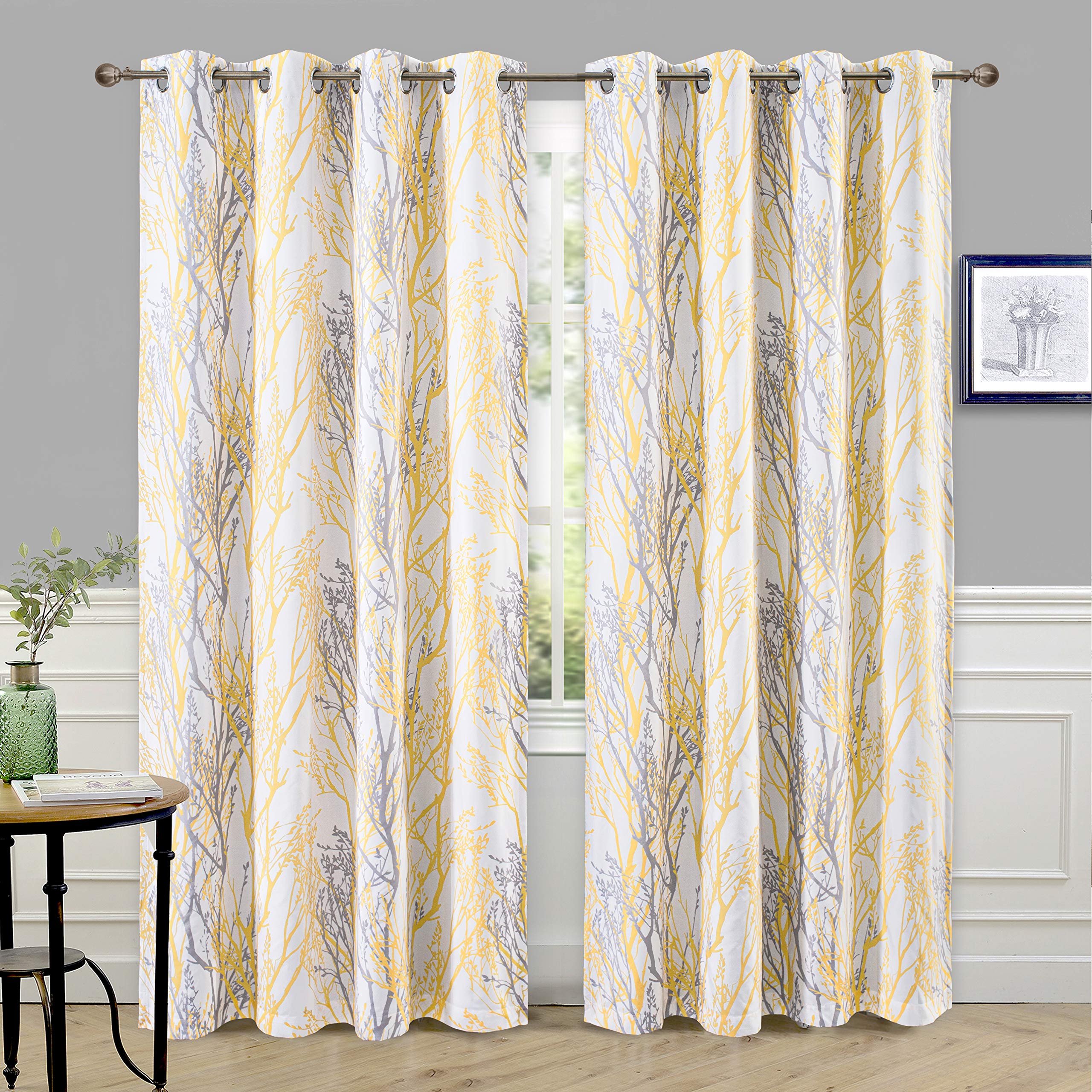 Driftaway Yellow White Tree Branch Blackout Curtains For Bedroom 84' Long Yellow Branch Lined Window Treatment Thermal Grommet