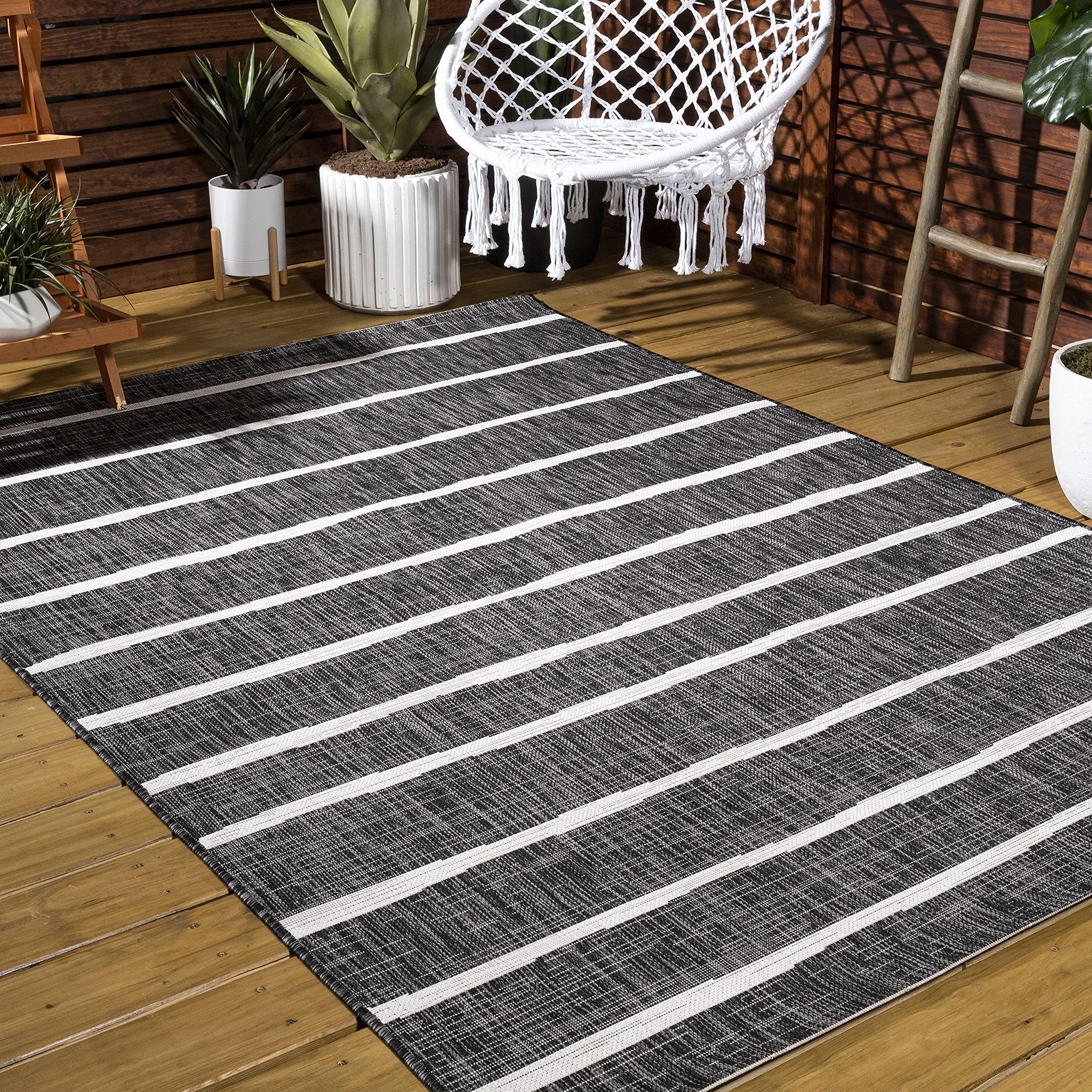 JONATHAN Y SMB125E-9 Colonia Berber Stripe Black/Ivory 9 ft. x 12 ft. Indoor/Outdoor Area Rug, Pet Friendly, Non-Shedding, Stain
