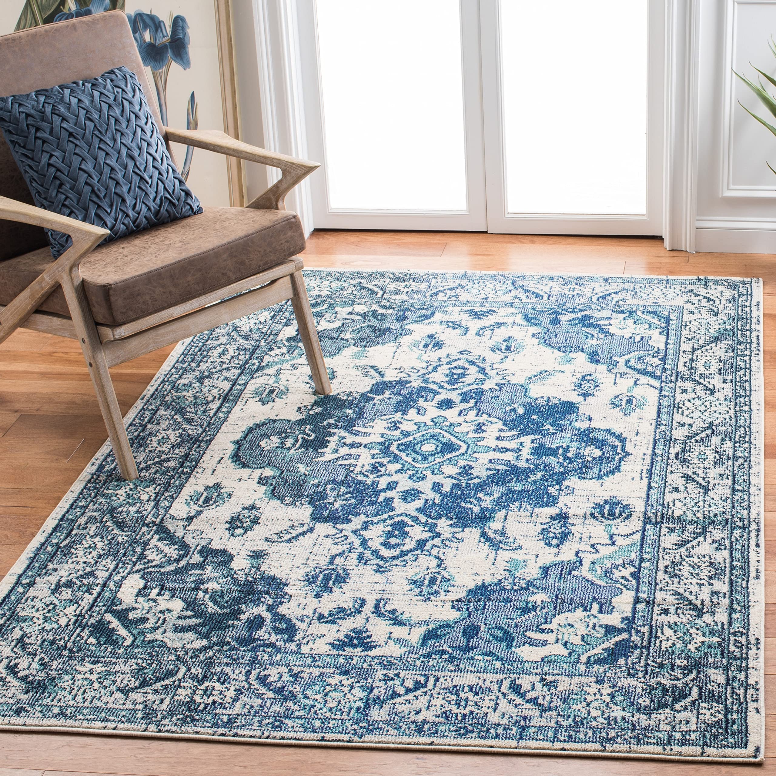 SAFAVIEH Monaco Collection Area Rug - 8 x 10, Ivory & Blue, Boho Chic Medallion Distressed Design, Non-Shedding & Easy Care, I