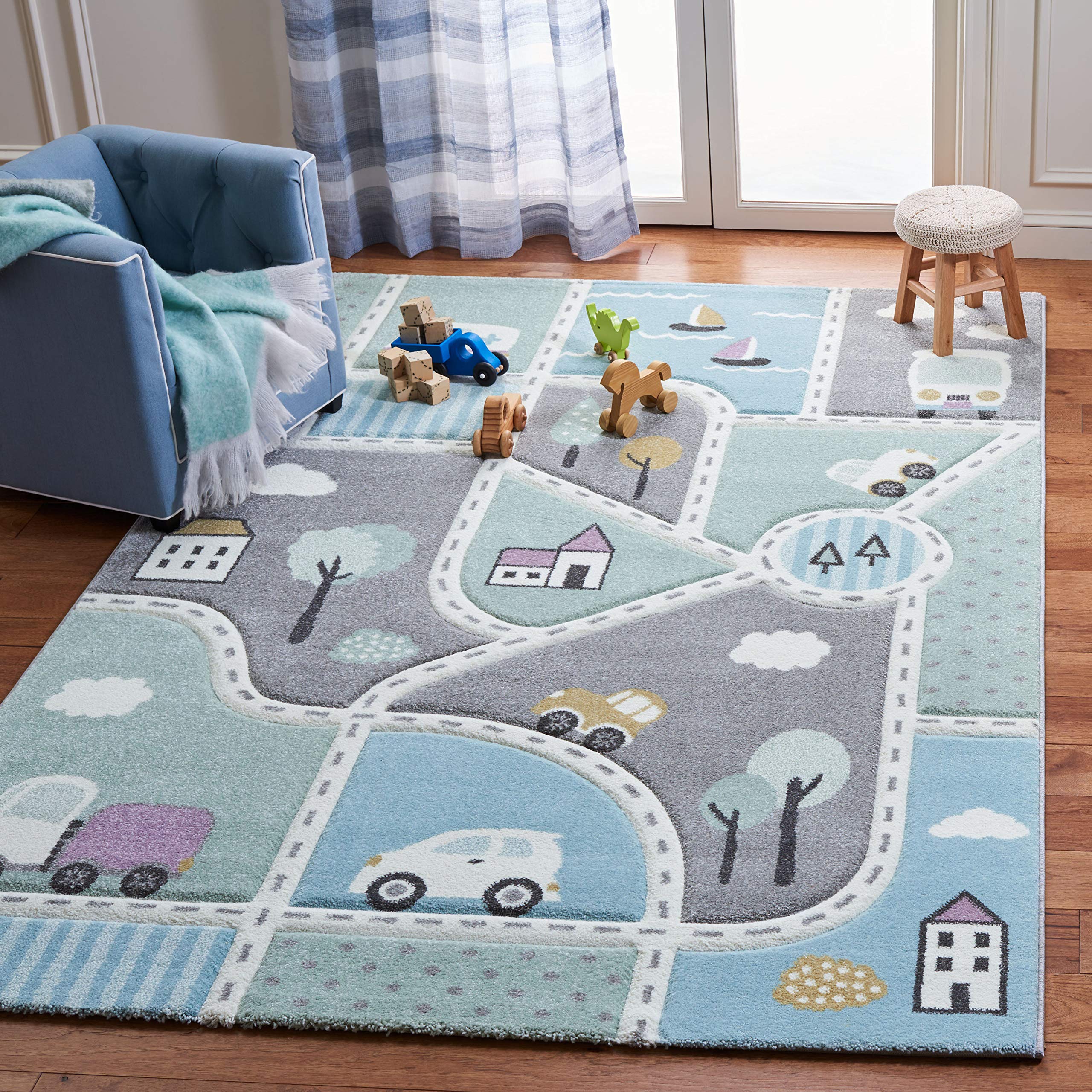 Safavieh Carousel Kids Collection Accent Rug - 4 x 6, Grey & Light Blue, Non-Shedding & Easy Care, Ideal for High Traffic Area