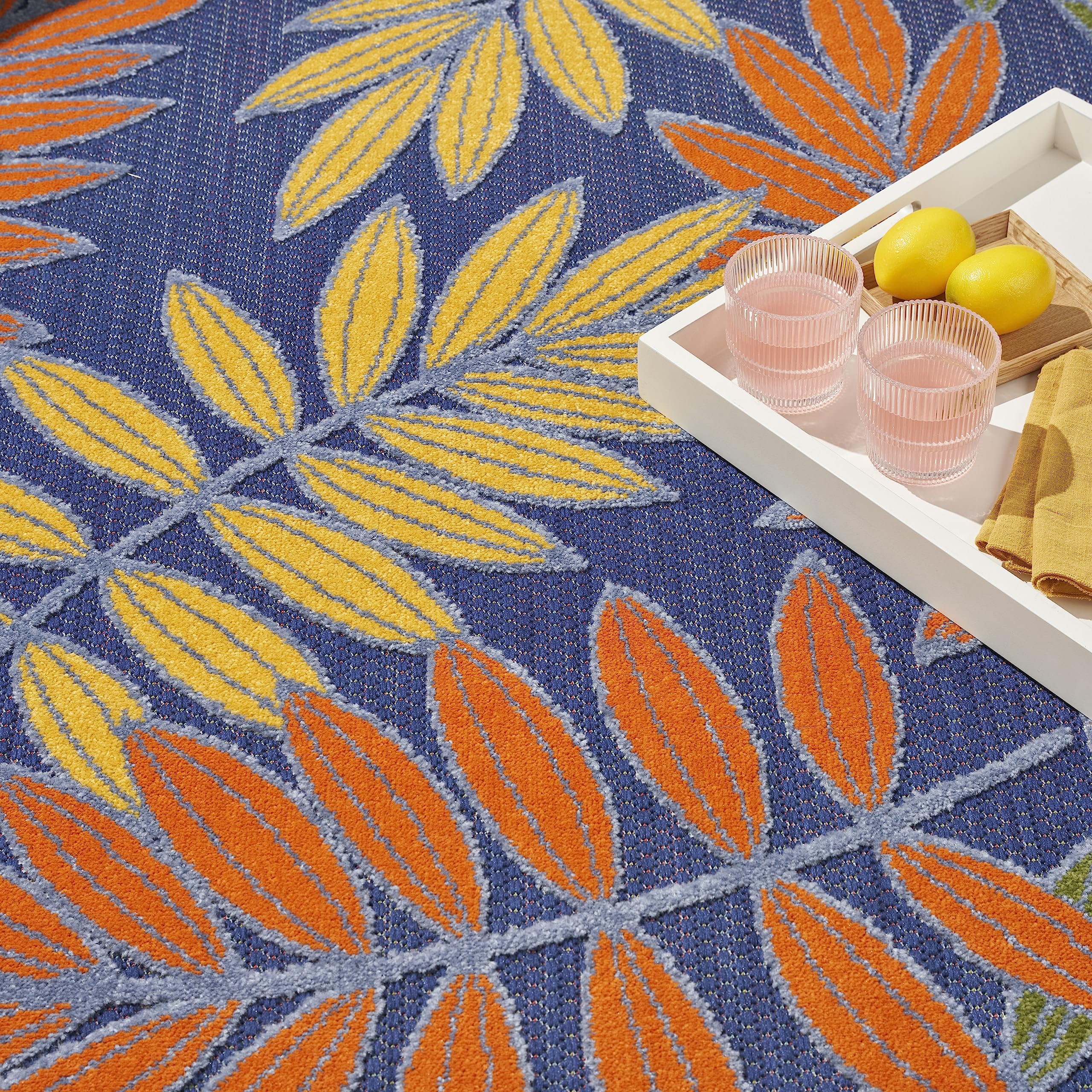 Nourison Aloha Indoor/Outdoor Navy Multicolor 5'3' X 7'5' Area Rug, Easy Cleaning, Non Shedding, Bed Room, Living Room, Dining Room, Backyard, Deck, Patio (5X7)