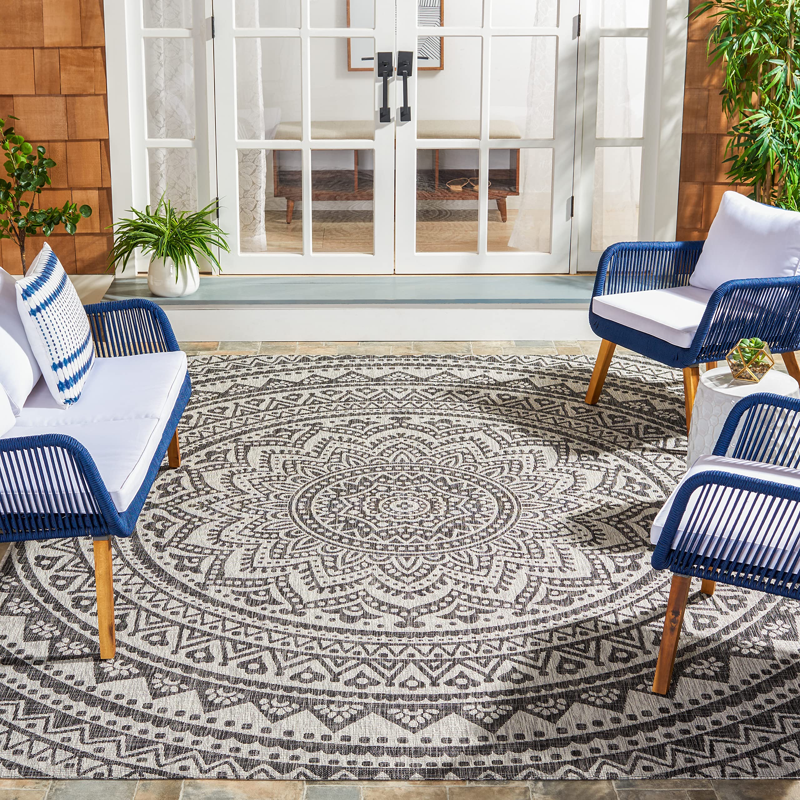 Safavieh Courtyard Collection 9' X 12' Light Grey/Black Cy8734 Indoor/ Outdoor Waterproof Easy Cleaning Patio Backyard Mudroom Area Rug