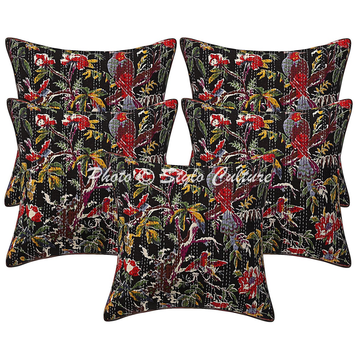 Stylo Culture Decorative Cotton Cushion Covers For Sofa 16X16 Inch Kantha Embroidered Black Living Room Decor Bird Traditional S