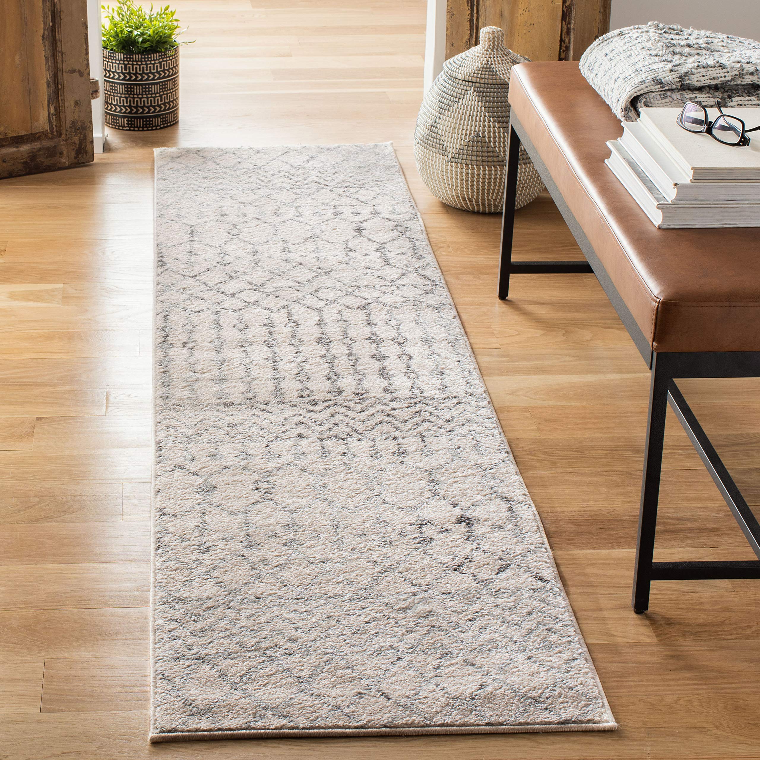SAFAVIEH Tulum Collection Runner Rug - 2 x 8, Ivory & Grey, Moroccan Boho Distressed Design, Non-Shedding & Easy Care, Ideal f