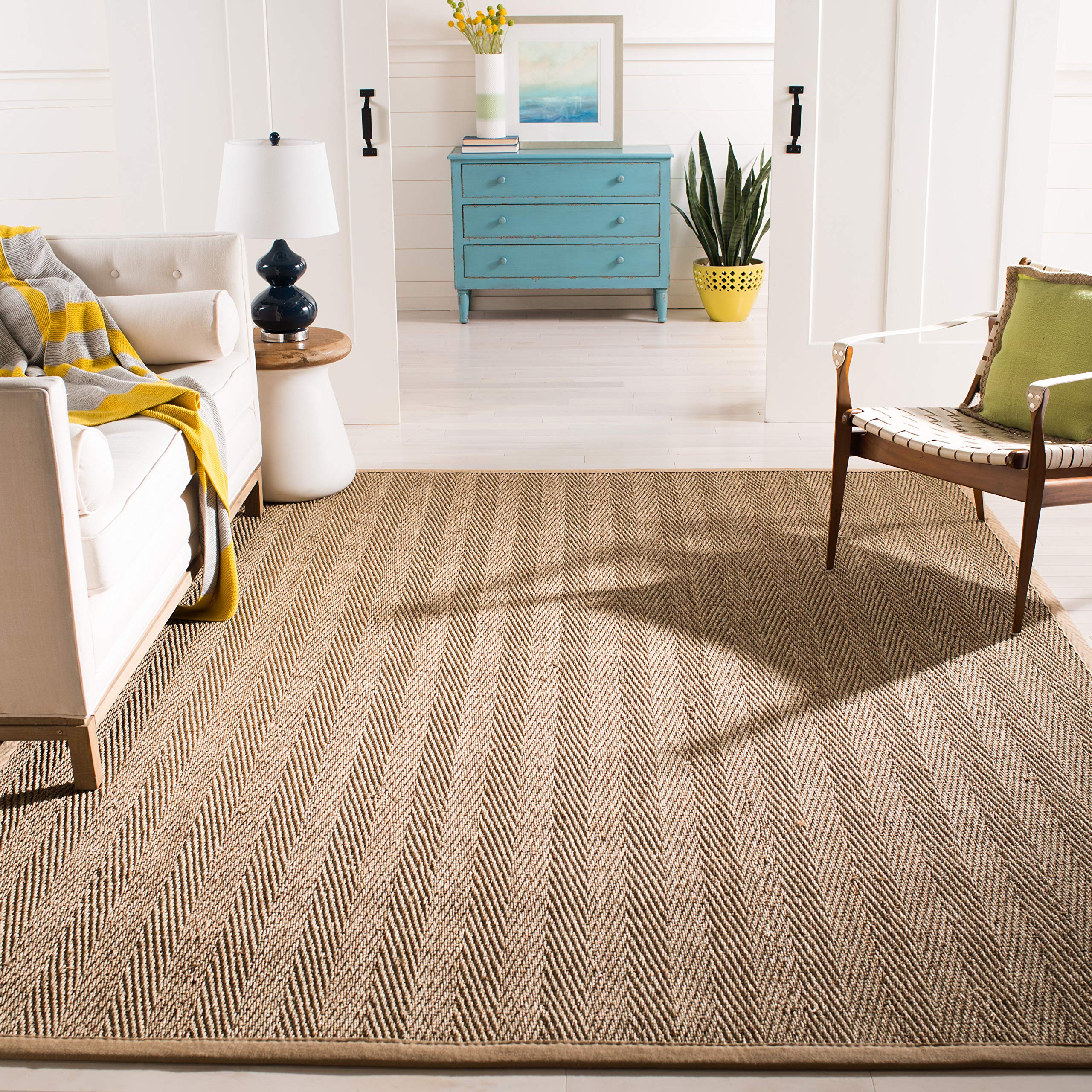 SAFAVIEH Natural Fiber Collection Area Rug - 5 x 8, Natural & Beige, Border Herringbone Seagrass Design, Easy Care, Ideal for 