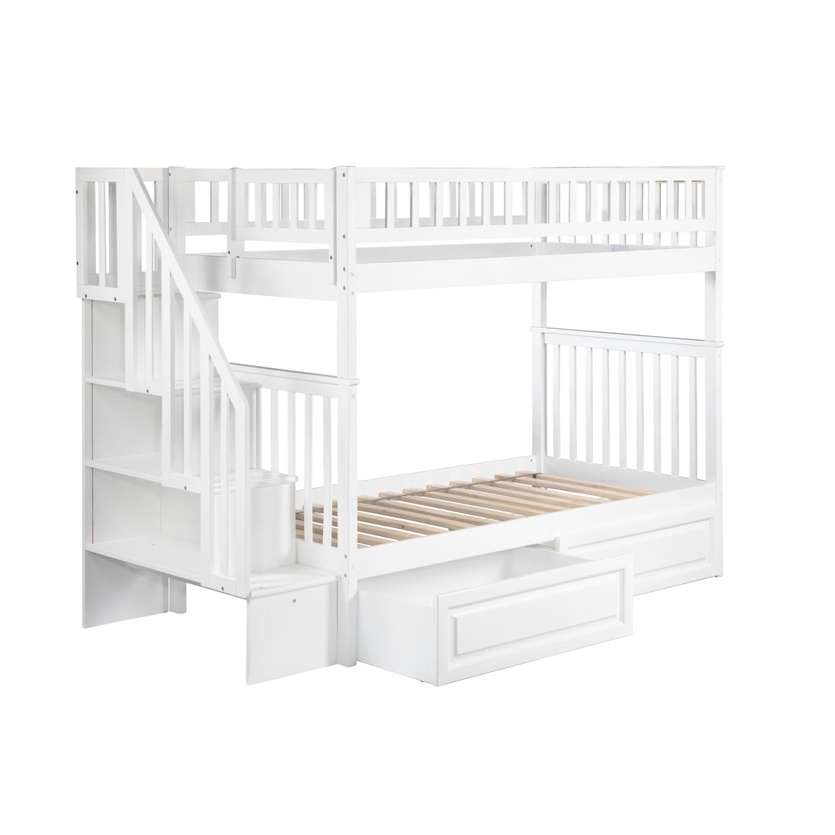 Woodland Twin Over Twin Solid Wood Staircase Bunk Bed With 2 Raised Panel Storage Drawers In White