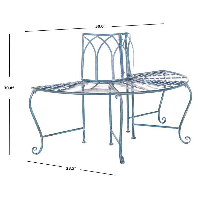 Half-Circle Outdoor Patio Garden Antique Blue Wrought Iron Tree Bench