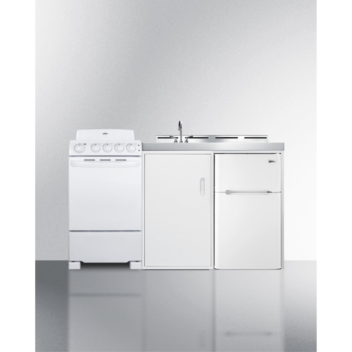 Allinone Combination Kitchenette With Refrigeratorfreezer, Sink, Storage Cabinet, And Coil Range