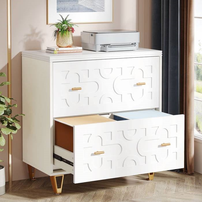 Retro White/Gold Geometric Scroll 2 Drawer Filing Cabinet Printer Stand