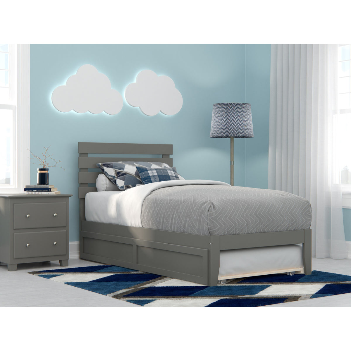 Afi Oxford Twin Size Platform Bed With Twin Trundle & Charging Station In Grey
