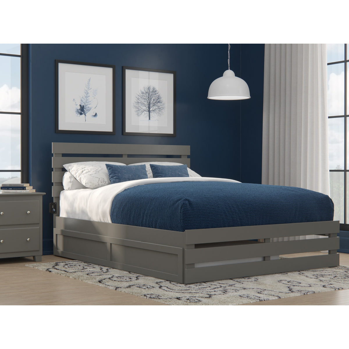 Afi Oxford Queen Size Platform Bed With Footboard & Twin Xl Trundle In Grey