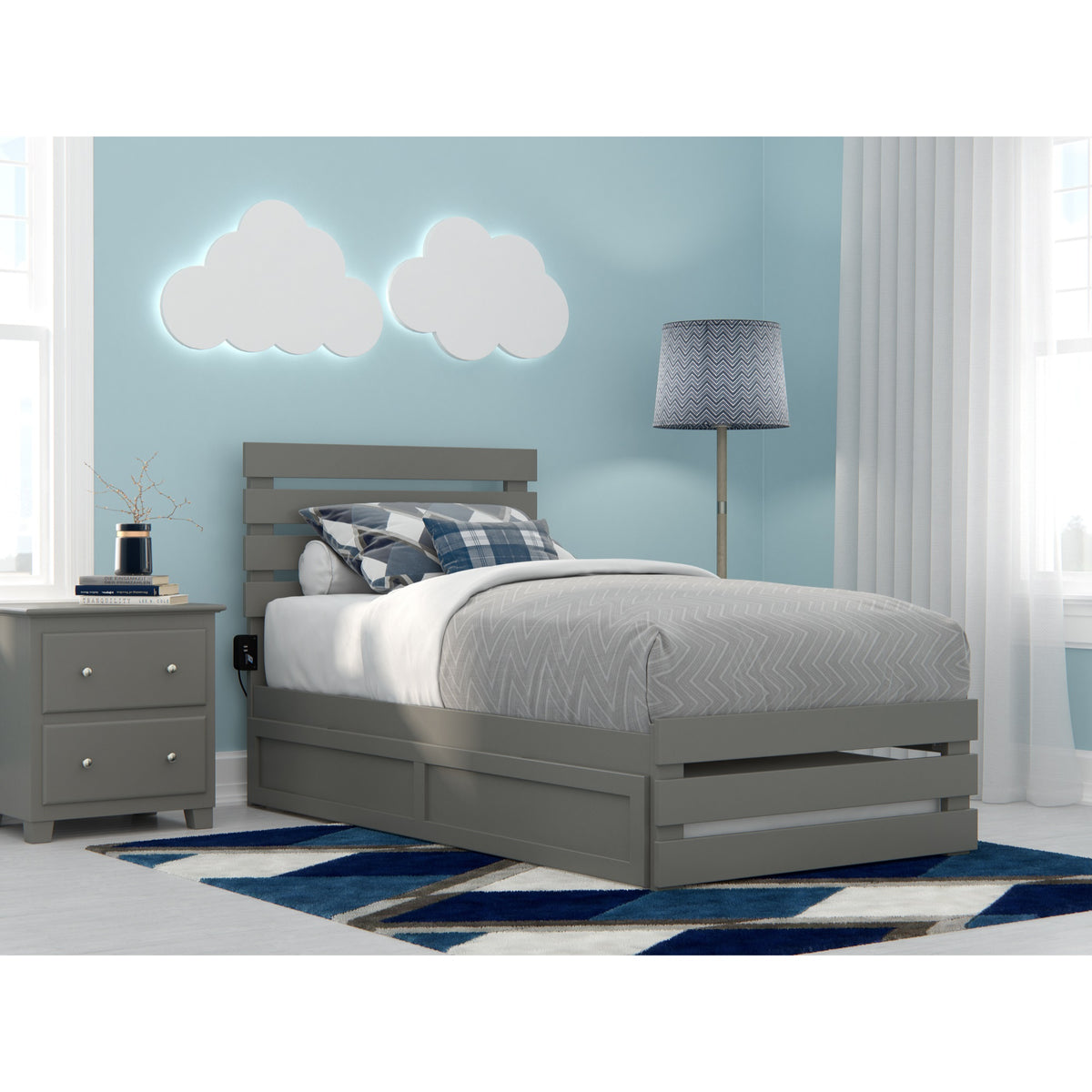 Afi Oxford Twin Size Platform Bed With Footboard & Twin Trundle In Grey