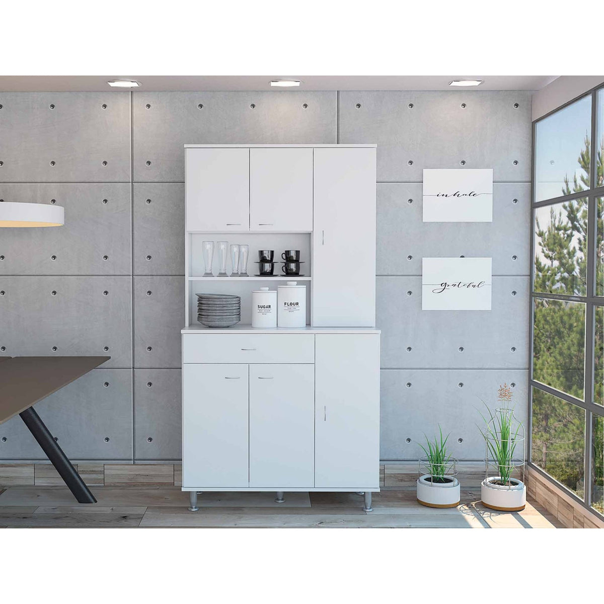 Tuhome Della 90 Kitchen Pantry, Countertop, One Drawer, Two Double Door Cabinet, Two One Door Cabinet, Five Legs, Shelves, White