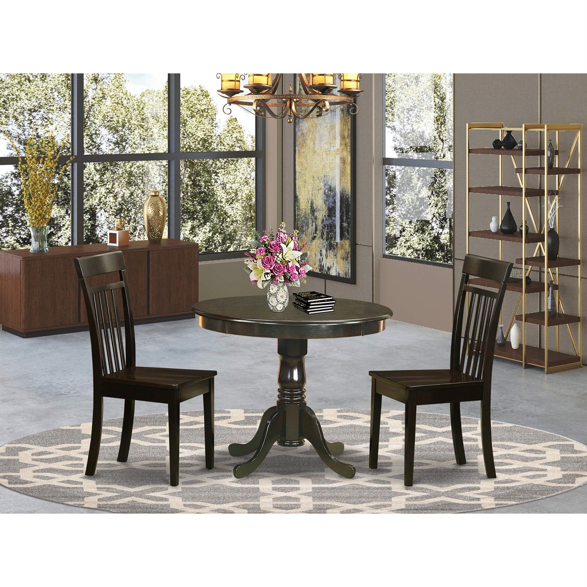 East West Furniture ANCA3-CAP-W 3 Piece Dining Table Set for Small Spaces Contains a Round Kitchen Table with Pedestal and 2 Dining Room Chairs, 36x36 Inch, Cappuccino