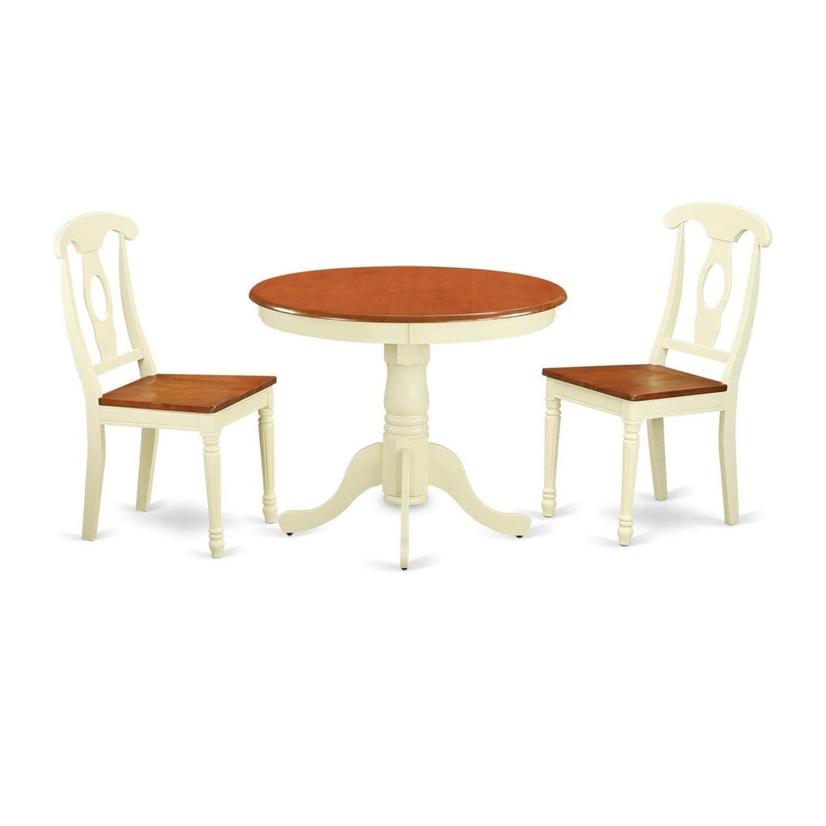 East West Furniture ANKE3-WHI-W 3 Piece Dining Room Table Set Contains a Round Kitchen Table with Pedestal and 2 Dining Chairs, 36x36 Inch, Buttermilk & Cherry