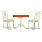 East West Furniture ANPL3-WHI-C 3 Piece Dining Table Set for Small Spaces Contains a Round Kitchen Table with Pedestal and 2 Linen Fabric Kitchen Dining Chairs, 36x36 Inch, Buttermilk & Cherry