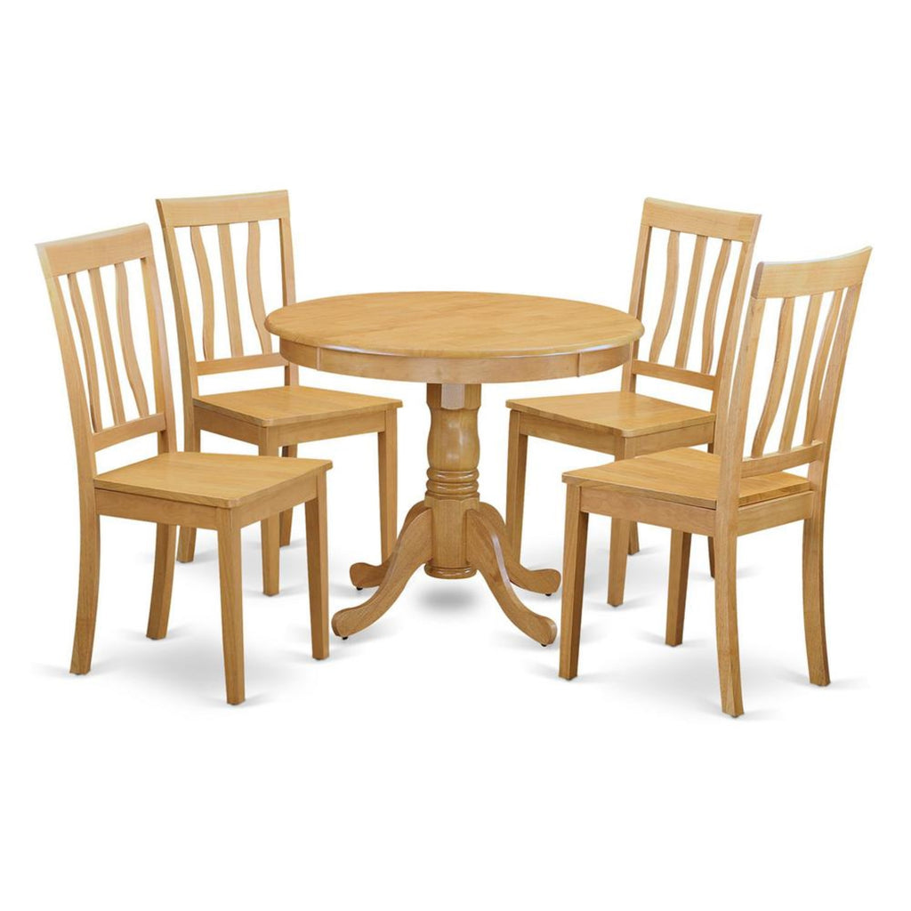 East West Furniture ANTI5-OAK-W 5 Piece Dining Room Table Set Includes a Round Wooden Table with Pedestal and 4 Kitchen Dining Chairs, 36x36 Inch, Oak