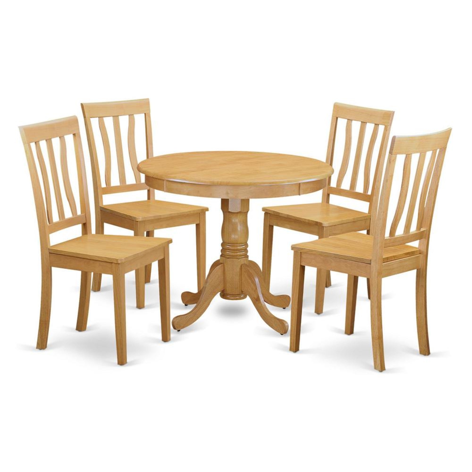 East West Furniture ANTI5-OAK-W 5 Piece Dining Room Table Set Includes a Round Wooden Table with Pedestal and 4 Kitchen Dining Chairs, 36x36 Inch, Oak