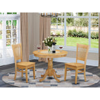 East West Furniture ANVA3-OAK-W 3 Piece Dining Table Set for Small Spaces Contains a Round Kitchen Table with Pedestal and 2 Dining Room Chairs, 36x36 Inch, Oak