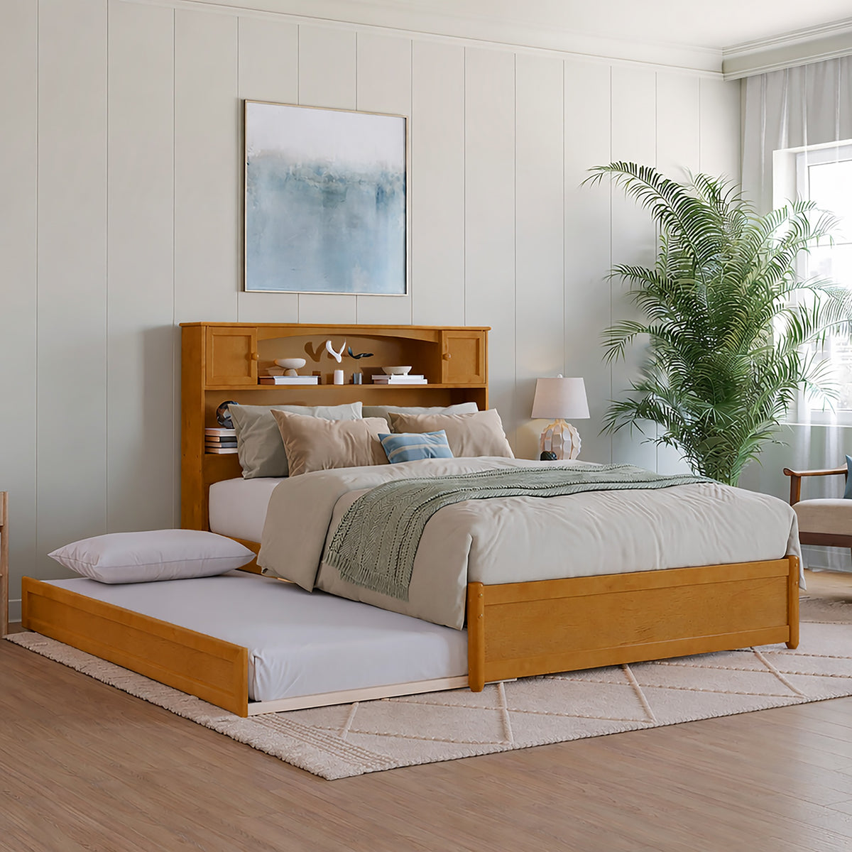 Denver Full Platform Bed With Twin Trundle In Light Toffee