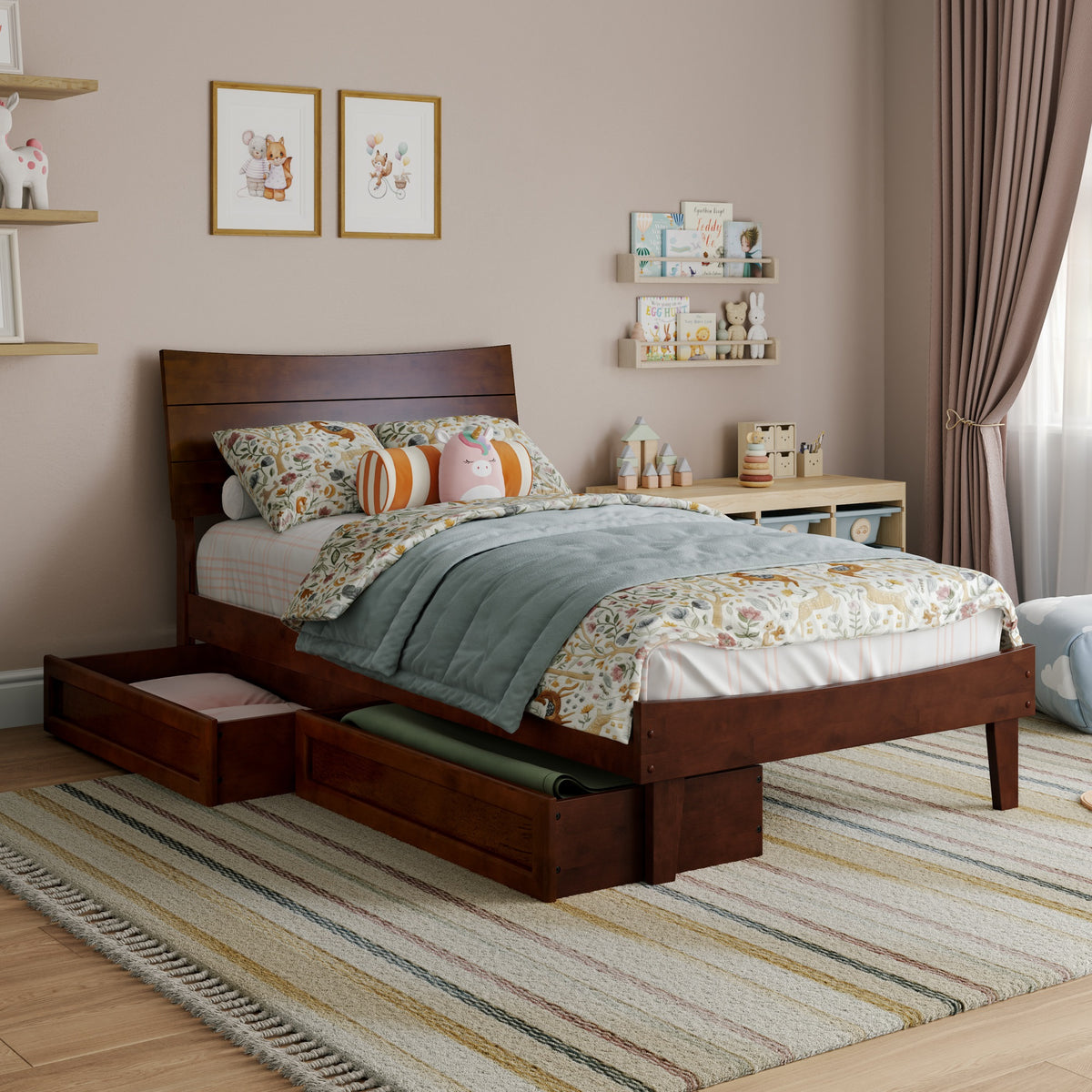 Phoenix Twin Platform Bed With Storage Drawers In Walnut