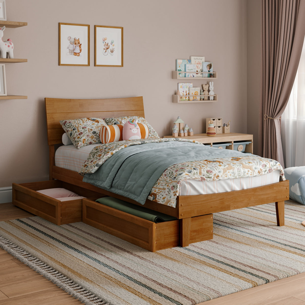 Phoenix Twin Platform Bed With Storage Drawers In Light Toffee