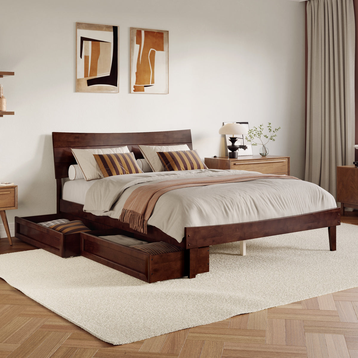 Phoenix Queen Platform Bed With Storage Drawers In Walnut