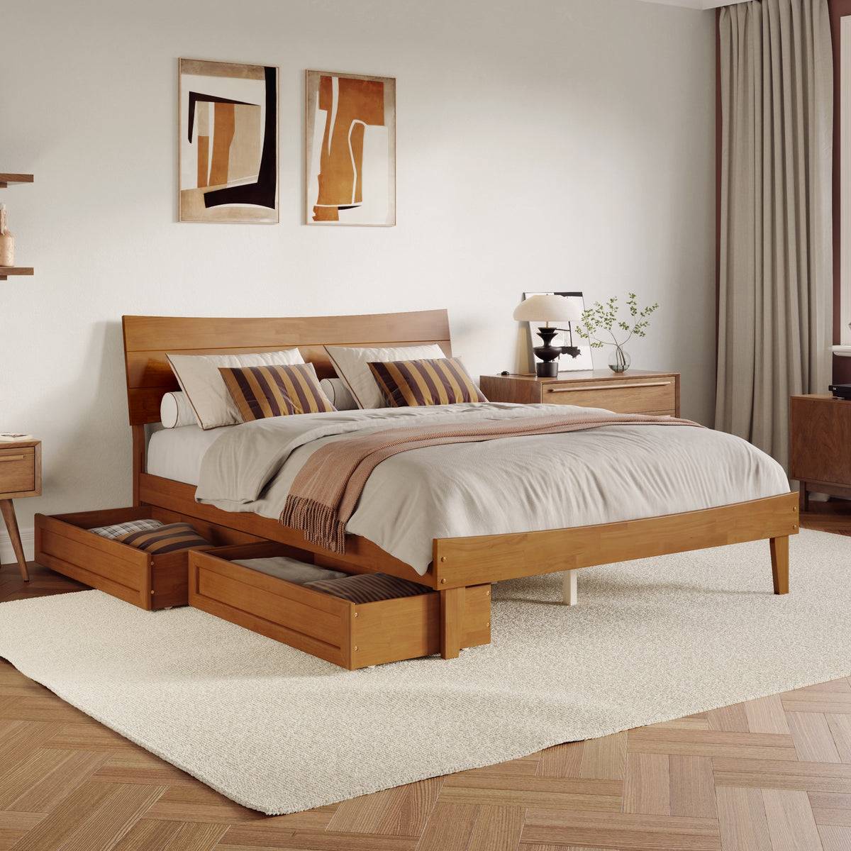 Phoenix Queen Platform Bed With Storage Drawers In Light Toffee