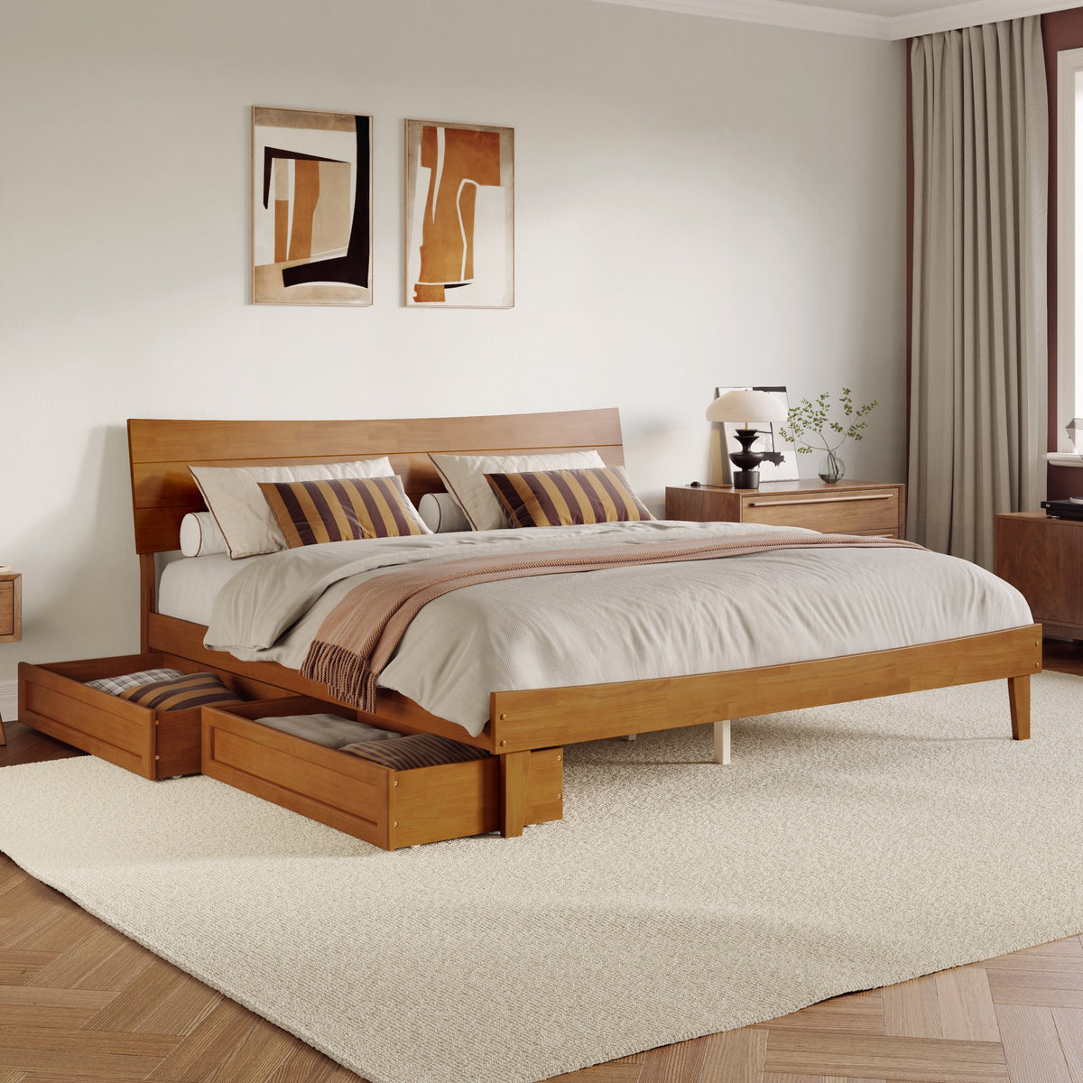 Phoenix King Platform Bed With Storage Drawers In Light Toffee