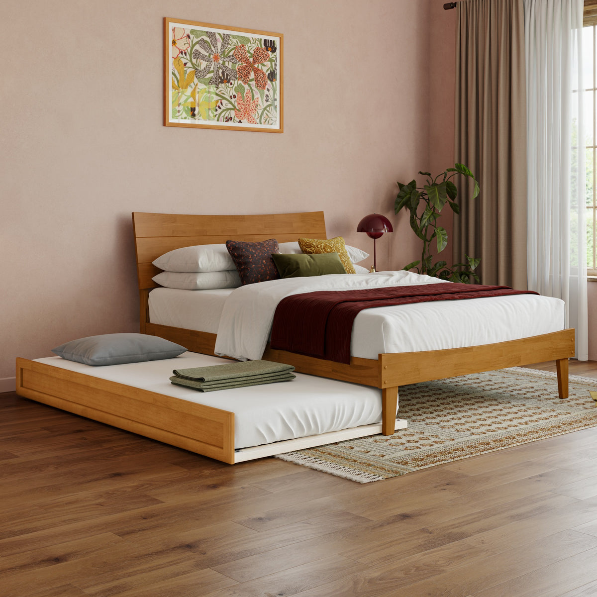 Phoenix Full Platform Bed With Twin Trundle In Light Toffee