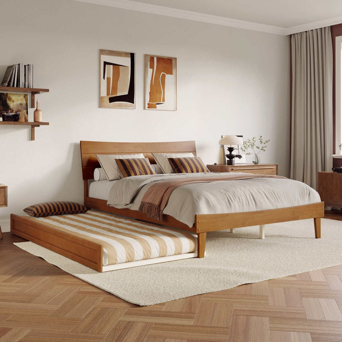 Phoenix Queen Platform Bed With Twin Xl Trundle In Light Toffee