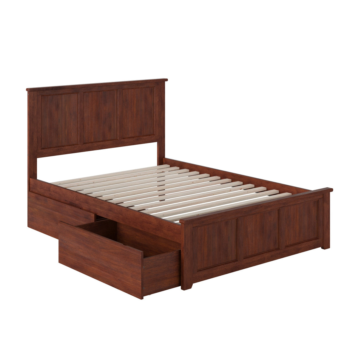 Madison Full Solid Wood Platform Bed With Matching Footboard & 2 Storage Drawers In Walnut