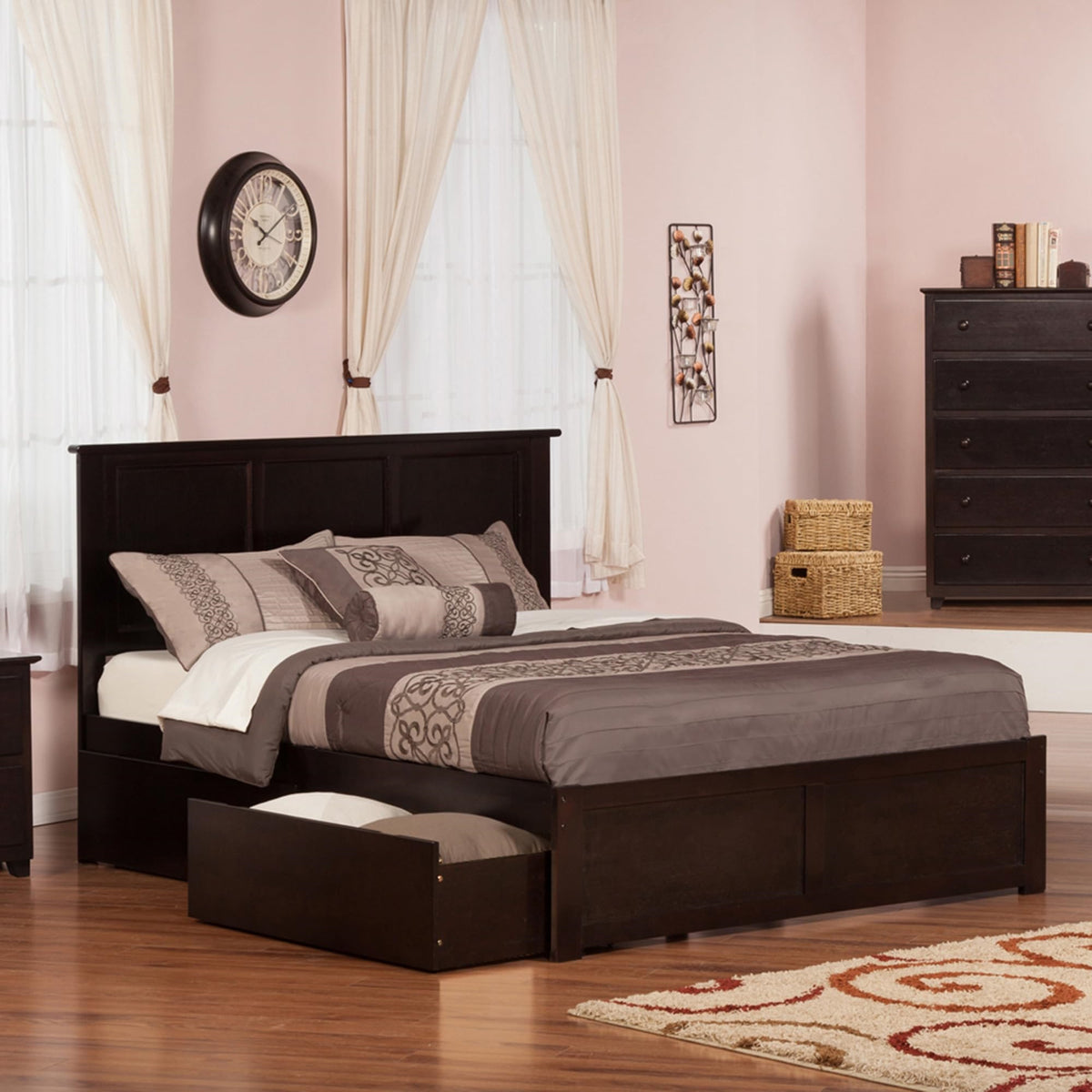 Madison King Solid Wood Platform Bed With Footboard & 2 Storage Drawers In Espresso