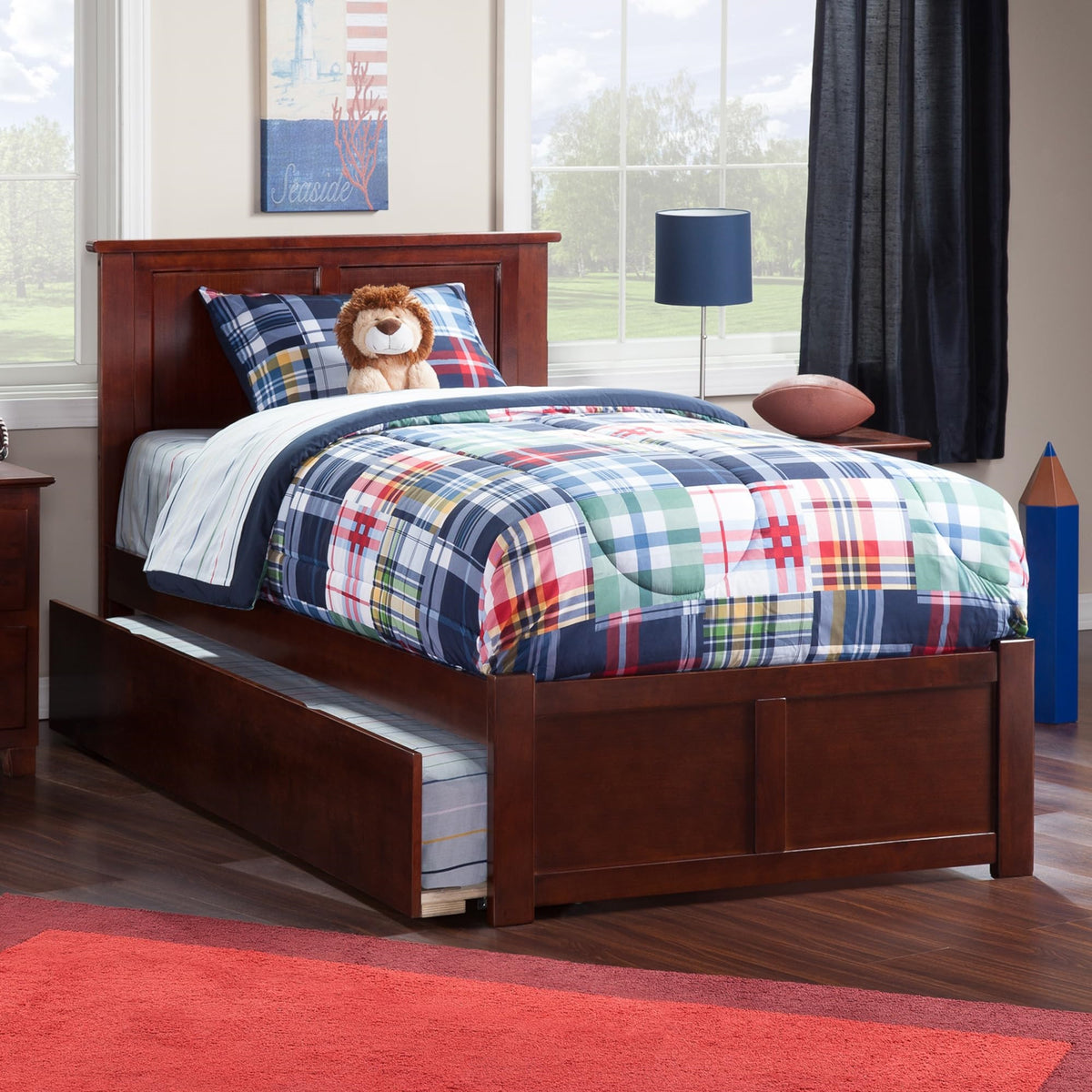 Madison Twin Xl Solid Wood Platform Bed With Footboard & Twin Xl Trundle In Walnut