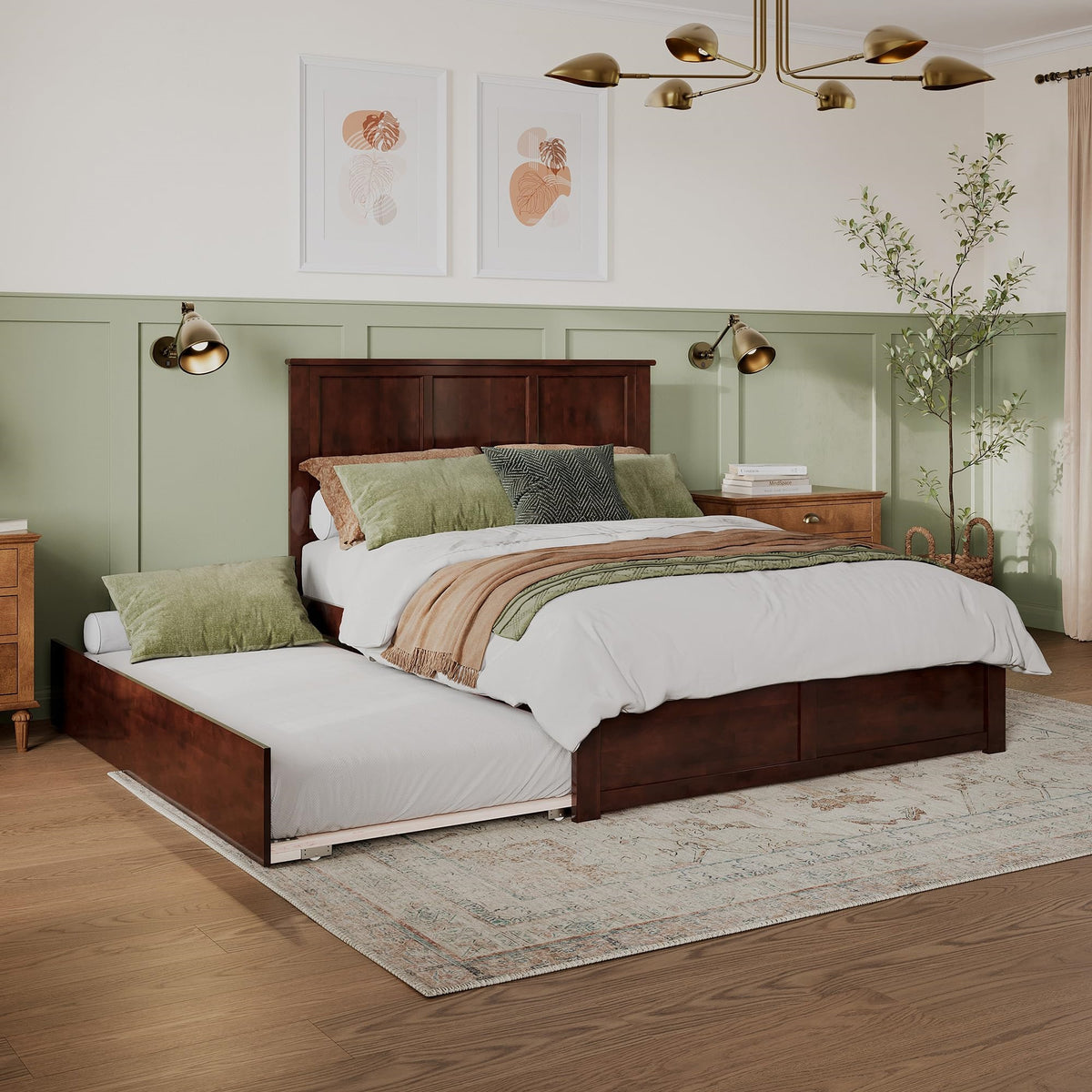 Madison Queen Solid Wood Platform Bed With Footboard & Twin Xl Trundle In Walnut