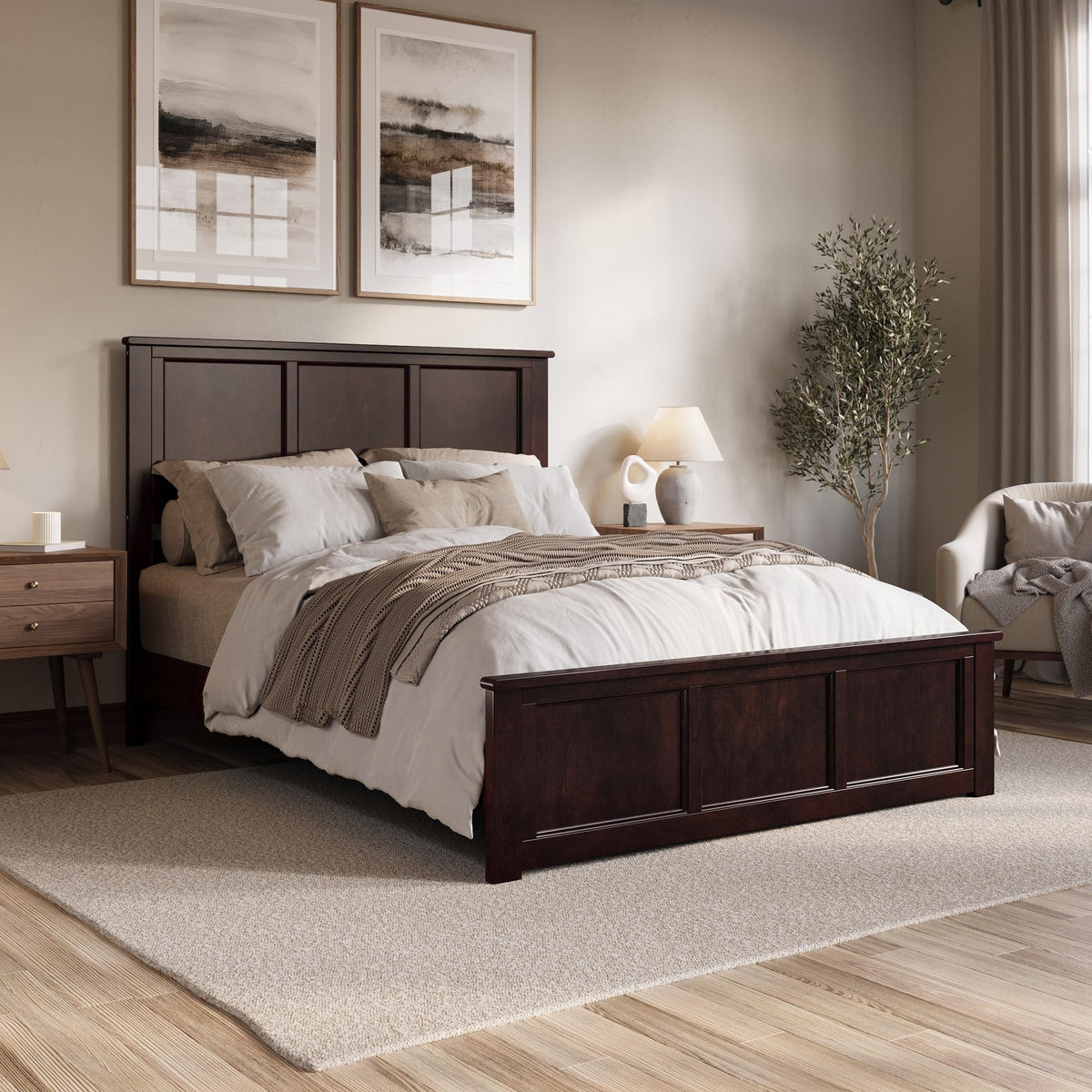 Charlotte Queen Solid Wood Low Profile Platform Bed With Matching Footboard In Espresso