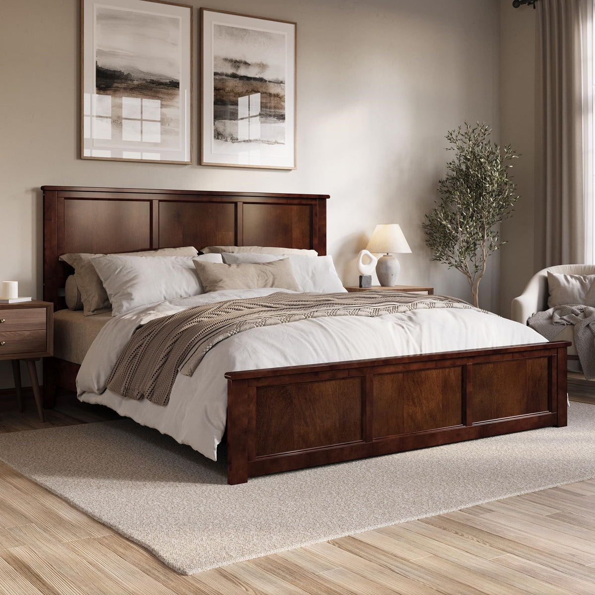 Charlotte King Solid Wood Low Profile Platform Bed With Matching Footboard In Walnut