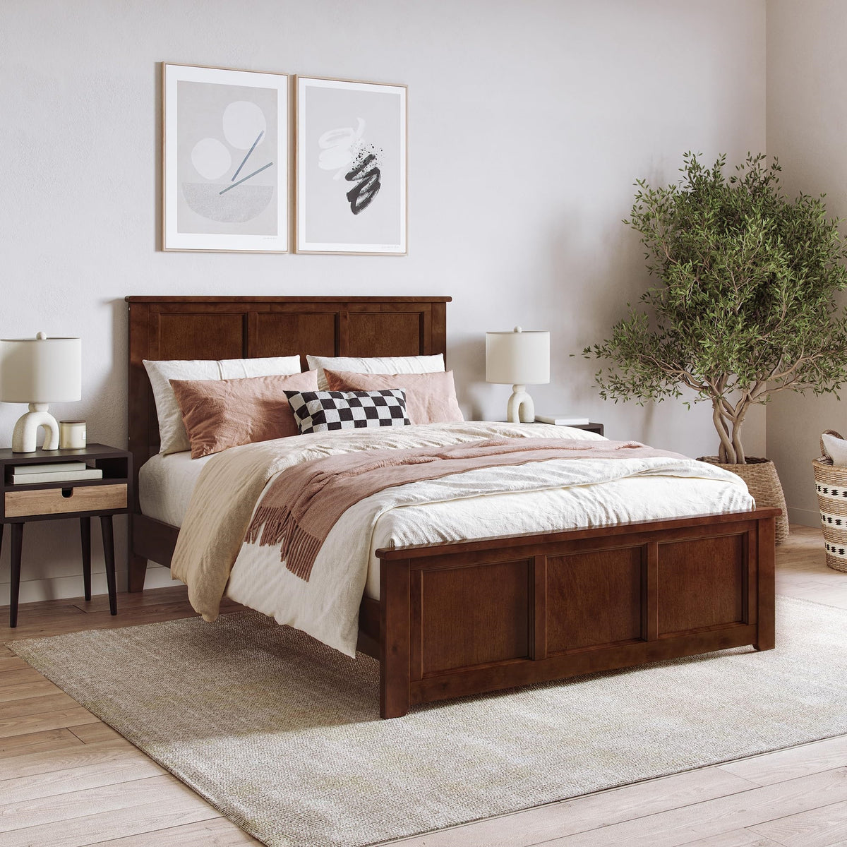 Charlotte Full Solid Wood Low Profile Platform Bed With Matching Footboard In Walnut