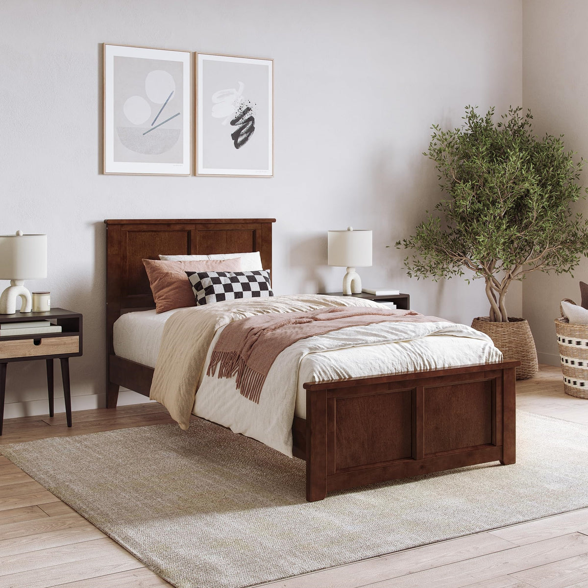 Charlotte Twin Xl Solid Wood Low Profile Platform Bed With Matching Footboard In Walnut