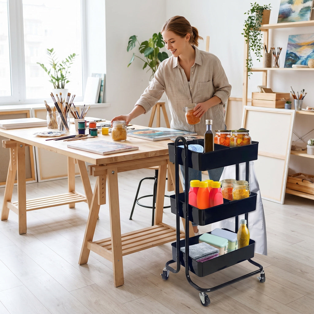 3-Tier Rolling Storage Cart with Baskets, Dividers & Locking Casters, Black Metal