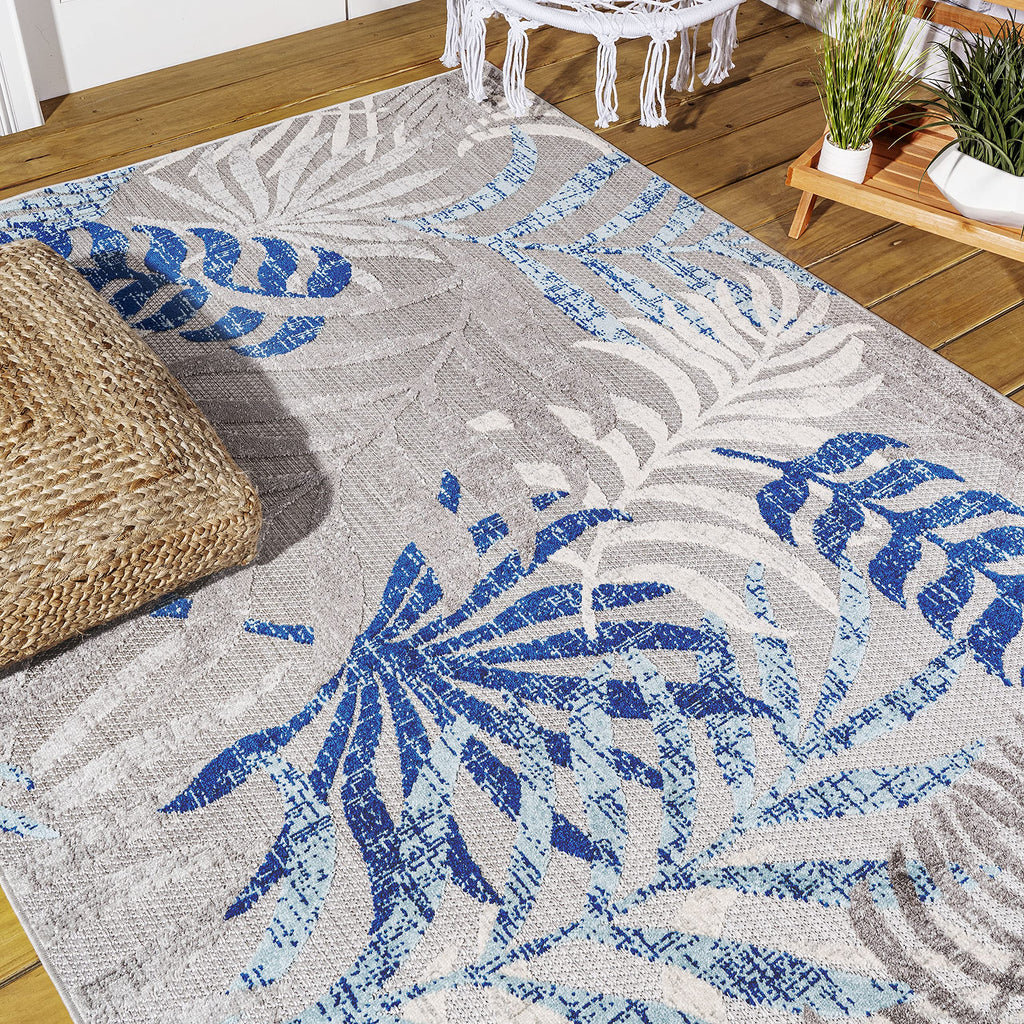 Jonathan Y Amc100A-3 Tropics Palm Leaves Indoor Outdoor Area-Rug Bohemian Floral Easy-Cleaning High Traffic Bedroom Kitchen Backyard Patio Porch Non Shedding, 3 X 5, Gray/Blue